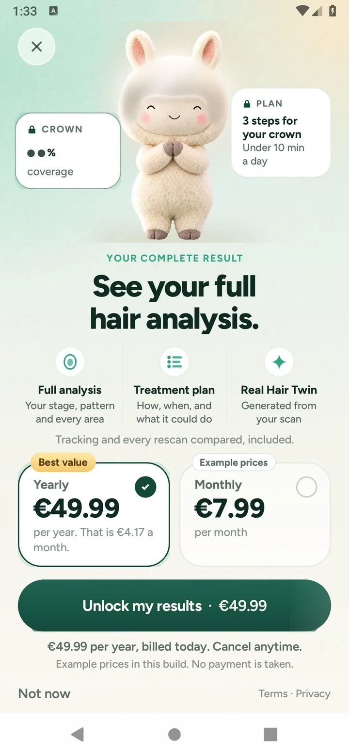 Native membership screen: See your full hair analysis, example prices, no payment is taken