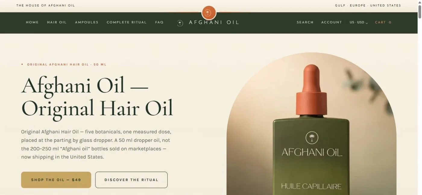Afghani Oil storefront, with the original green bottle and terracotta dropper beside its product introduction